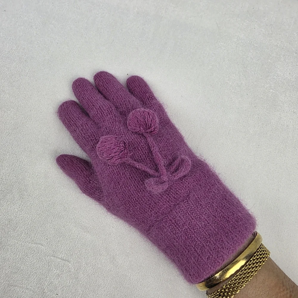 Cozy‎ Soft Purple Angora Gloves With Bow And Pom Poms